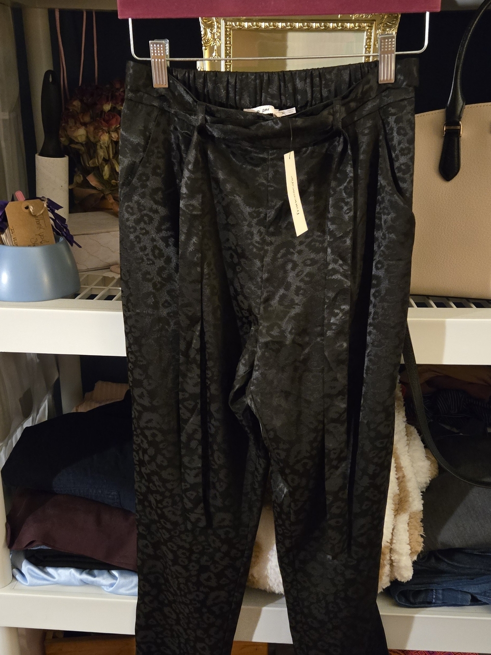 Francesca's Black Satin Leopard Jacquard Pants with Subtle Sheen